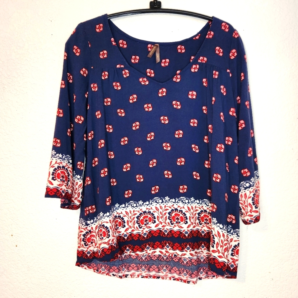 Stetson Navy and Red Floral Blouse, Size S
